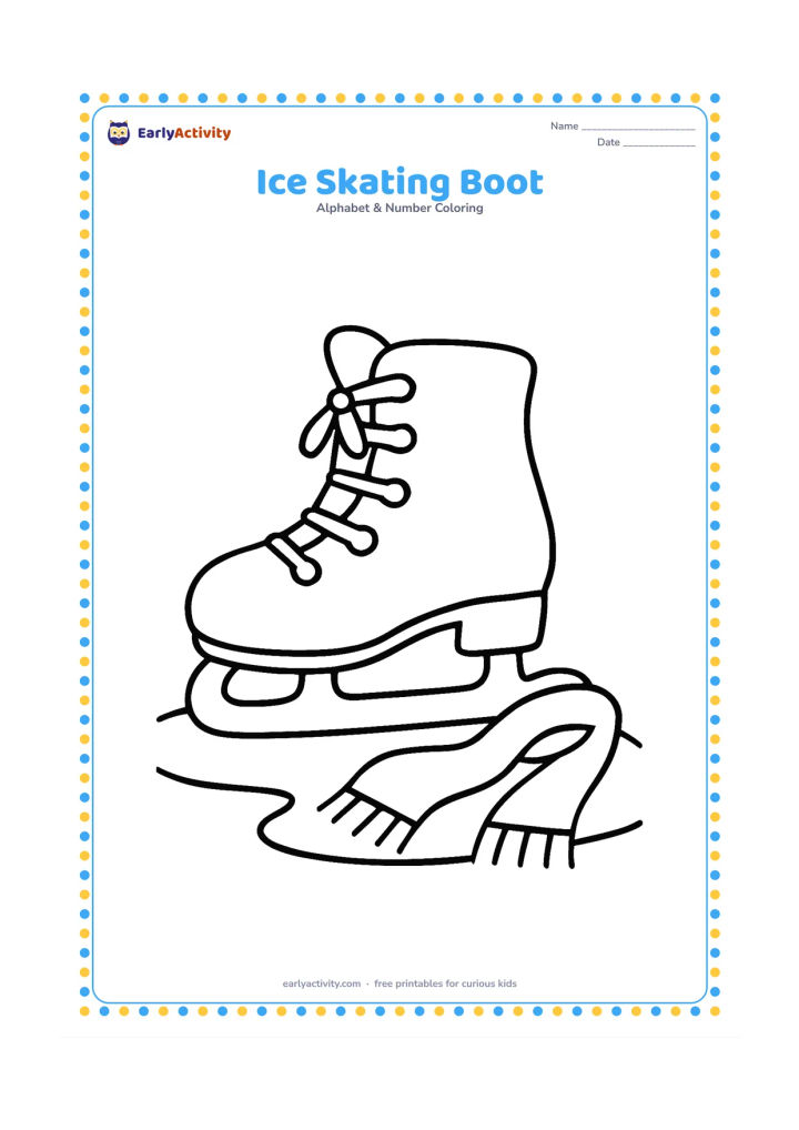 Colouring page: Draw one large ice-skating boot resting on a smooth ice patch, with a clear blade underneath and a simple scarf draped beside it.