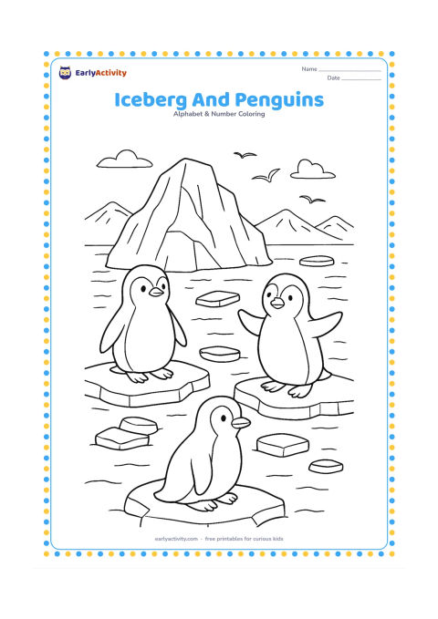 Colouring page: Draw several friendly penguins near a large iceberg, with floating ice pieces, distant snowy mountains, calm water, and a few seabirds in the sky.