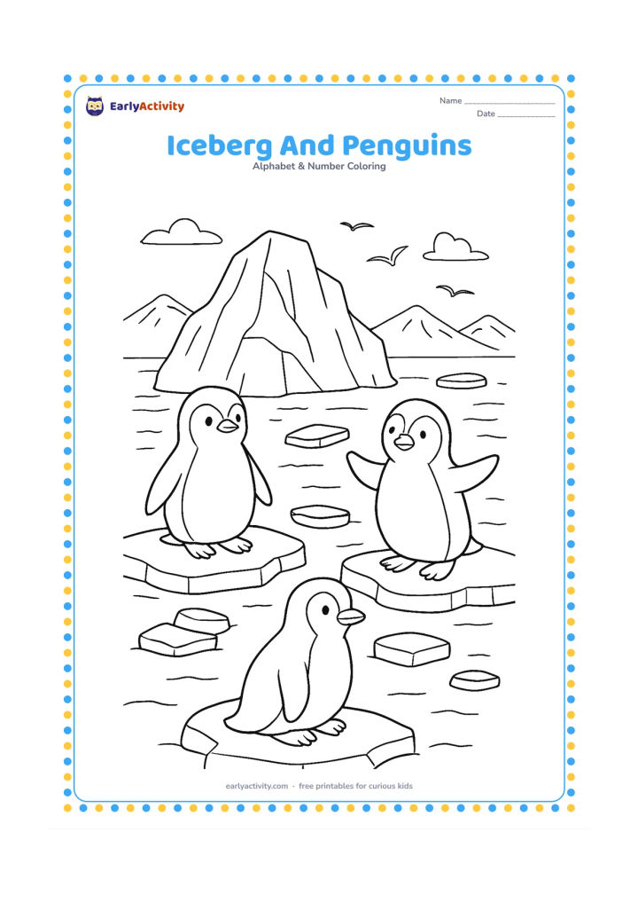 Colouring page: Draw several friendly penguins near a large iceberg, with floating ice pieces, distant snowy mountains, calm water, and a few seabirds in the sky.