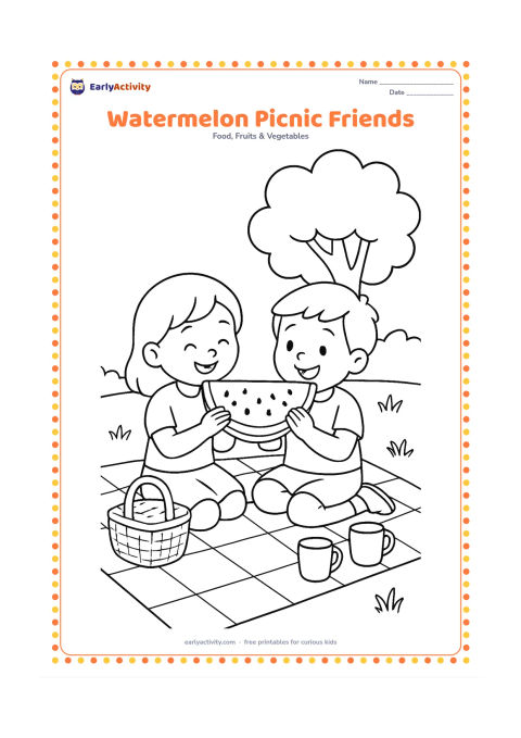 Colouring page: Draw two children sitting on a picnic cloth and sharing a large watermelon slice. Add a basket, two cups, a few grass tufts and a tree in the background.