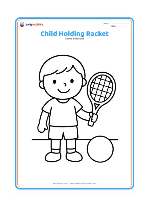 Colouring page: A smiling child standing upright and holding a tennis racket at the side, with one large ball near the child's shoes and a simple court line behind.