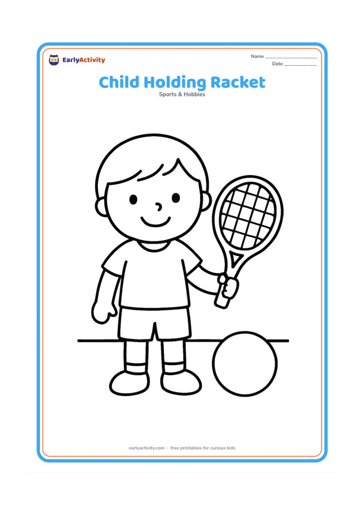 Colouring page: A smiling child standing upright and holding a tennis racket at the side, with one large ball near the child's shoes and a simple court line behind.