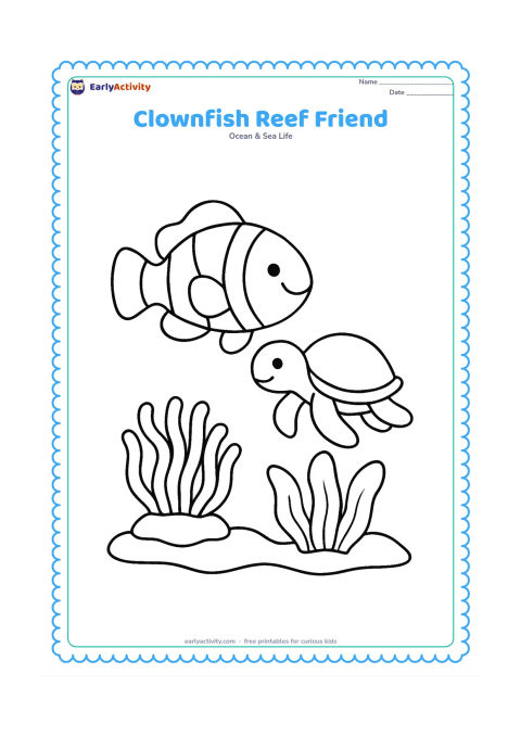 Colouring page: Draw a large clownfish beside a friendly small sea turtle, both swimming over a simple reef with one anemone and broad seaweed leaves. Leave clear space between the animals.
