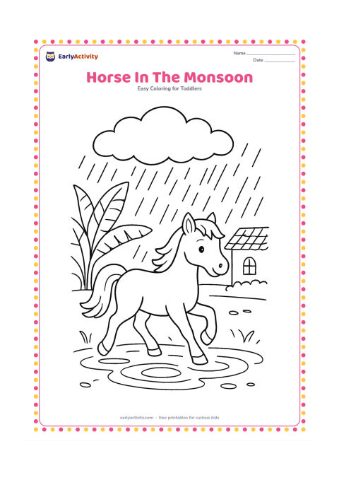 Colouring page: Draw a gentle horse trotting beside a puddle during a monsoon shower. Add a large rain cloud, banana leaves, puddle ripples and a simple tiled-roof home in the far background.