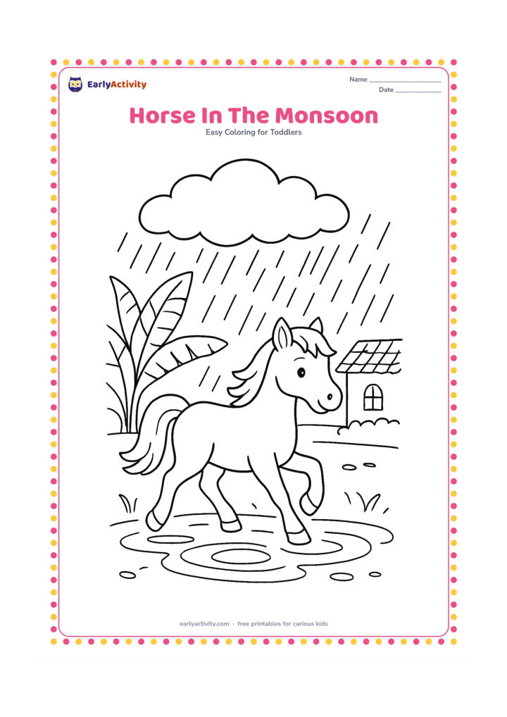 Colouring page: Draw a gentle horse trotting beside a puddle during a monsoon shower. Add a large rain cloud, banana leaves, puddle ripples and a simple tiled-roof home in the far background.