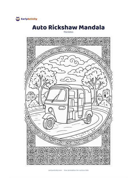 Colouring page: Place a friendly three-wheeled auto rickshaw at the centre of a circular city mandala, surrounded by leafy street trees, road curves, clouds, small buildings, and repeating wheel and…