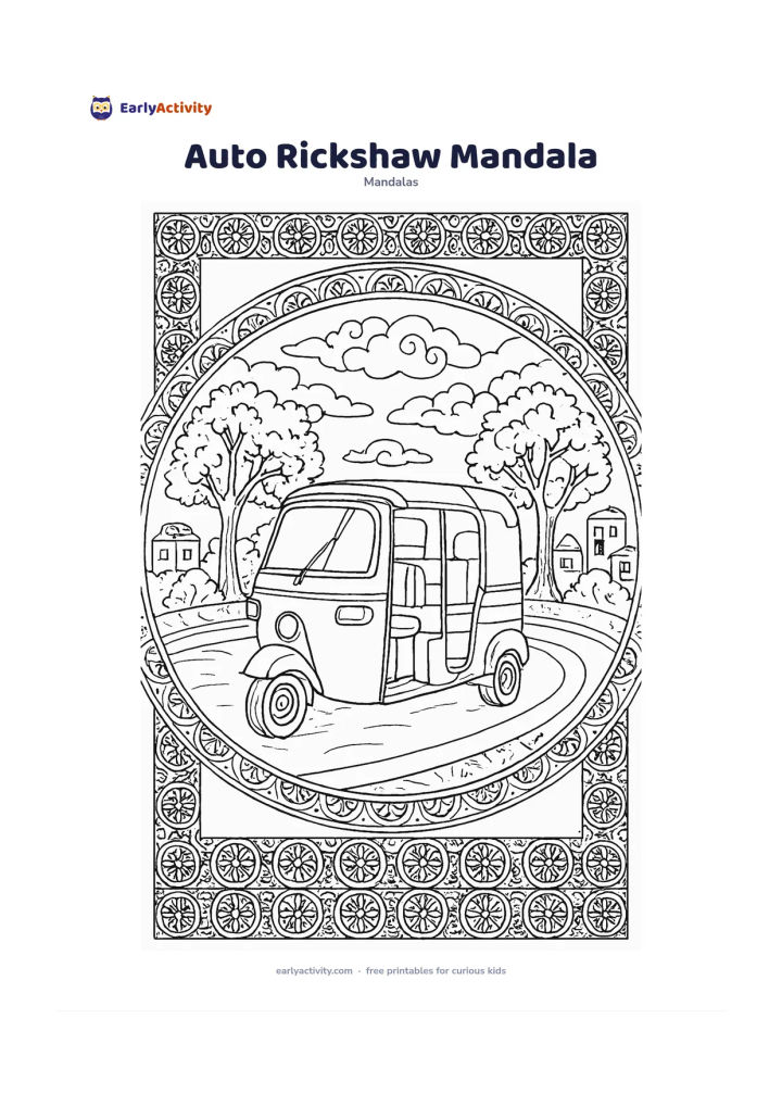 Colouring page: Place a friendly three-wheeled auto rickshaw at the centre of a circular city mandala, surrounded by leafy street trees, road curves, clouds, small buildings, and repeating wheel and…