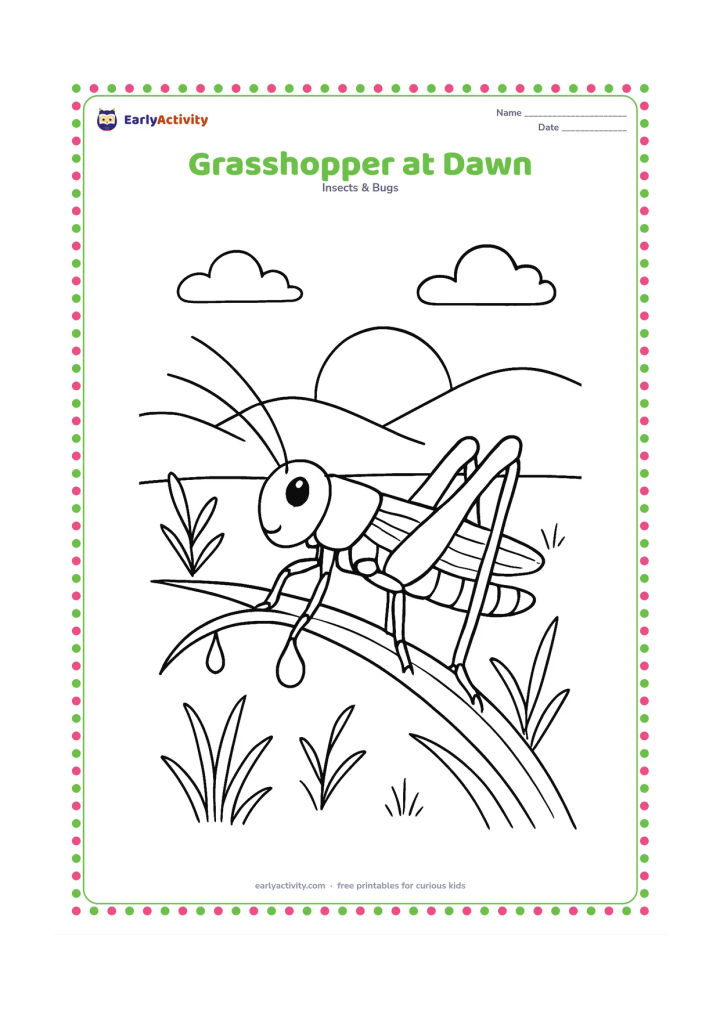 Colouring page: Draw a grasshopper resting on a grass stem at dawn, with a low rising sun, dew drops, distant hills, and a few softly outlined plants.
