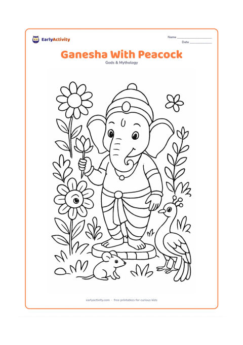 Colouring page: Lord Ganesha stands beside a friendly peacock in a garden, holding a lotus while the peacock displays its open tail. Add flowers, leafy plants, a small mouse and a low stone border.