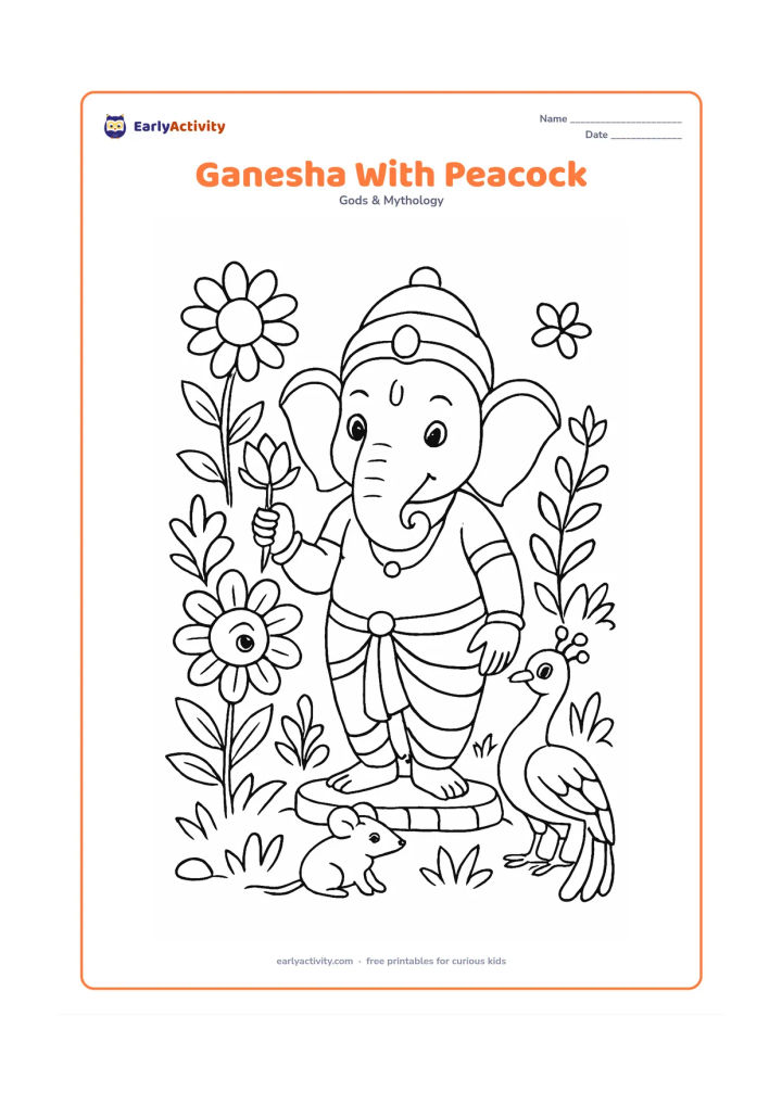 Colouring page: Lord Ganesha stands beside a friendly peacock in a garden, holding a lotus while the peacock displays its open tail. Add flowers, leafy plants, a small mouse and a low stone border.
