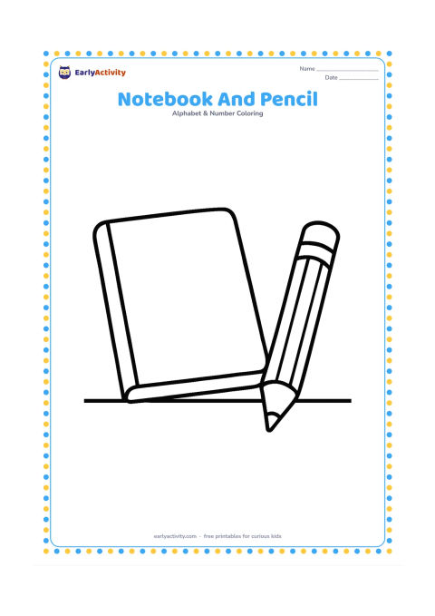 Colouring page: Draw a closed notebook with a blank cover beside a large pencil, both resting on a simple desk surface. The notebook must have no writing, letters, numbers, or ruled lines.