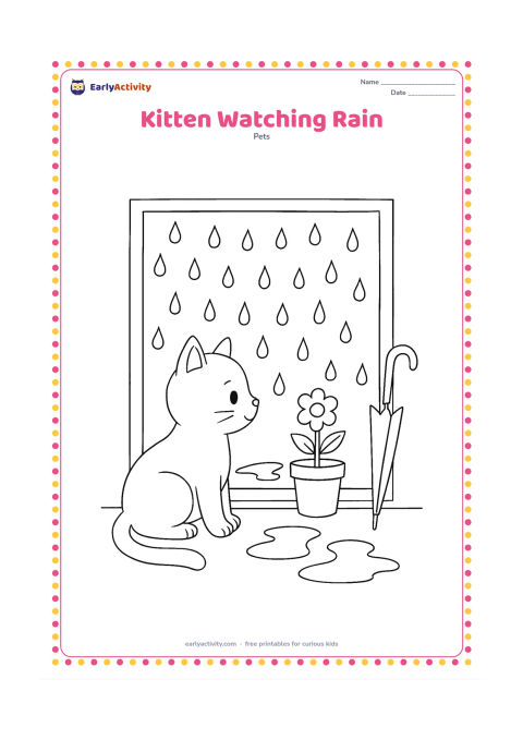 Colouring page: A kitten sits indoors beside a window covered with raindrops, looking at a potted plant and puddles outside. Include a small umbrella leaning near the window.
