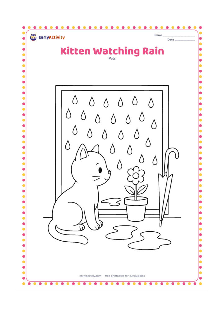 Colouring page: A kitten sits indoors beside a window covered with raindrops, looking at a potted plant and puddles outside. Include a small umbrella leaning near the window.