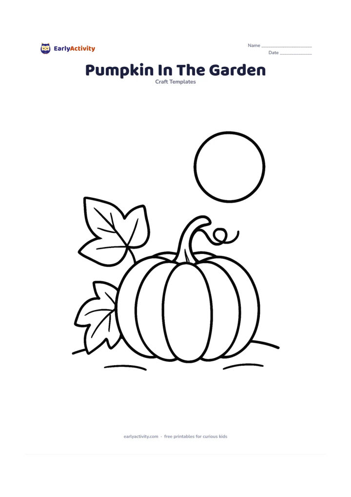 Worksheet: One large pumpkin grows beside two oversized leaves and a short curved vine, with a simple ground line and a large round sun in the background. Keep the scene open and easy to colour.