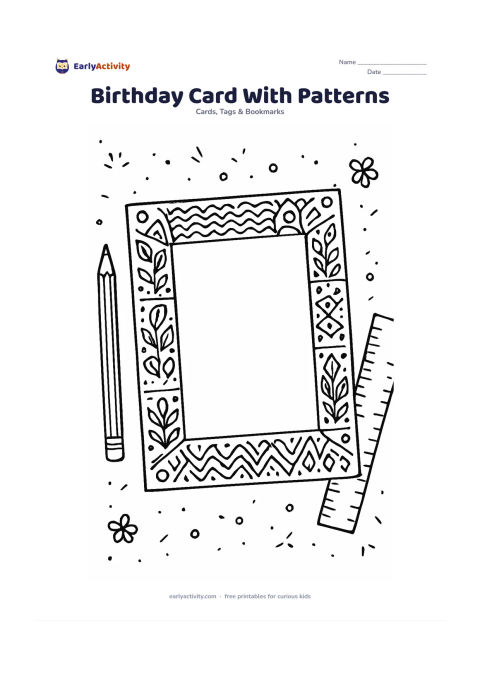 Worksheet: Show a carefully arranged card design made from repeating waves, leaves, dots and geometric shapes, with a generous blank centre for a longer birthday message. Place pencils and a ruler…