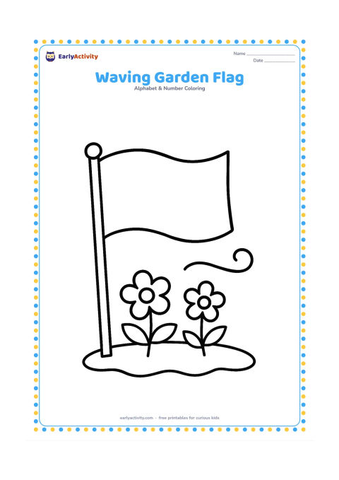 Colouring page: Draw a small flag waving from a short pole planted in a garden patch, with two simple flowers and a curved breeze line nearby. Leave the flag surface blank.