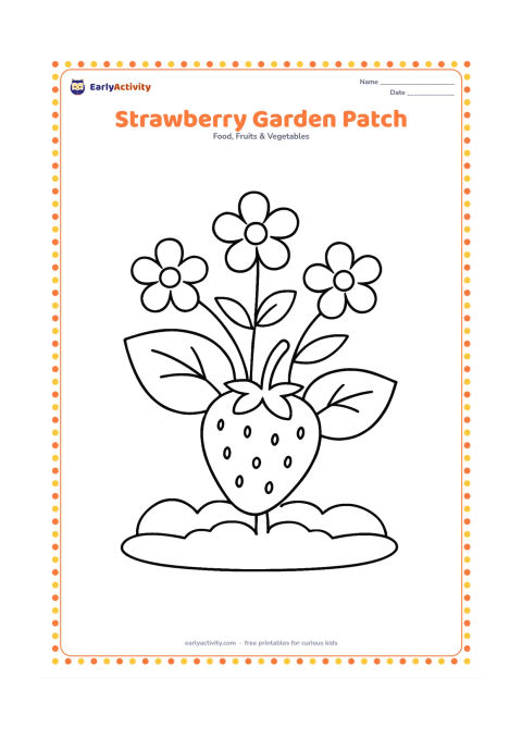 Colouring page: Draw one large strawberry growing from a small patch of soil, with two broad leaves, three simple flowers, and a low curved garden border.