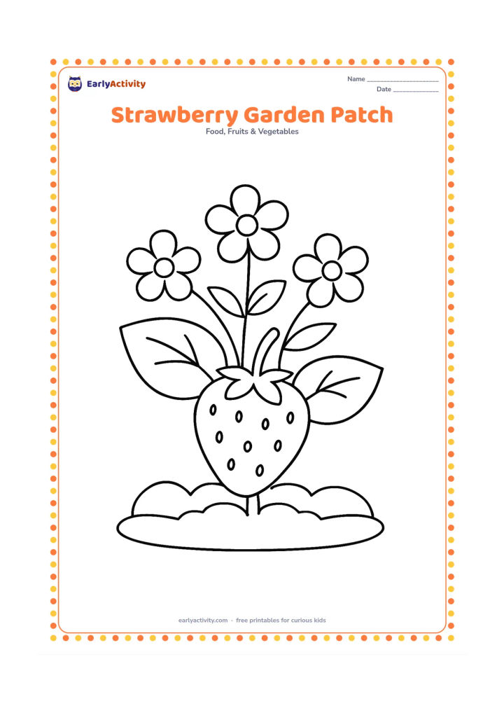 Colouring page: Draw one large strawberry growing from a small patch of soil, with two broad leaves, three simple flowers, and a low curved garden border.