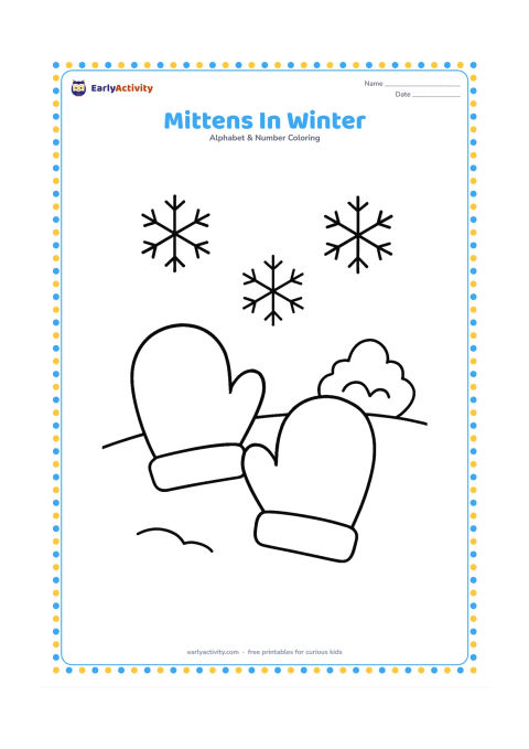 Colouring page: Draw two matching mittens lying on a snowy ground line, with simple cuffs and a few large snowflakes around them. Add one small snow-covered bush.