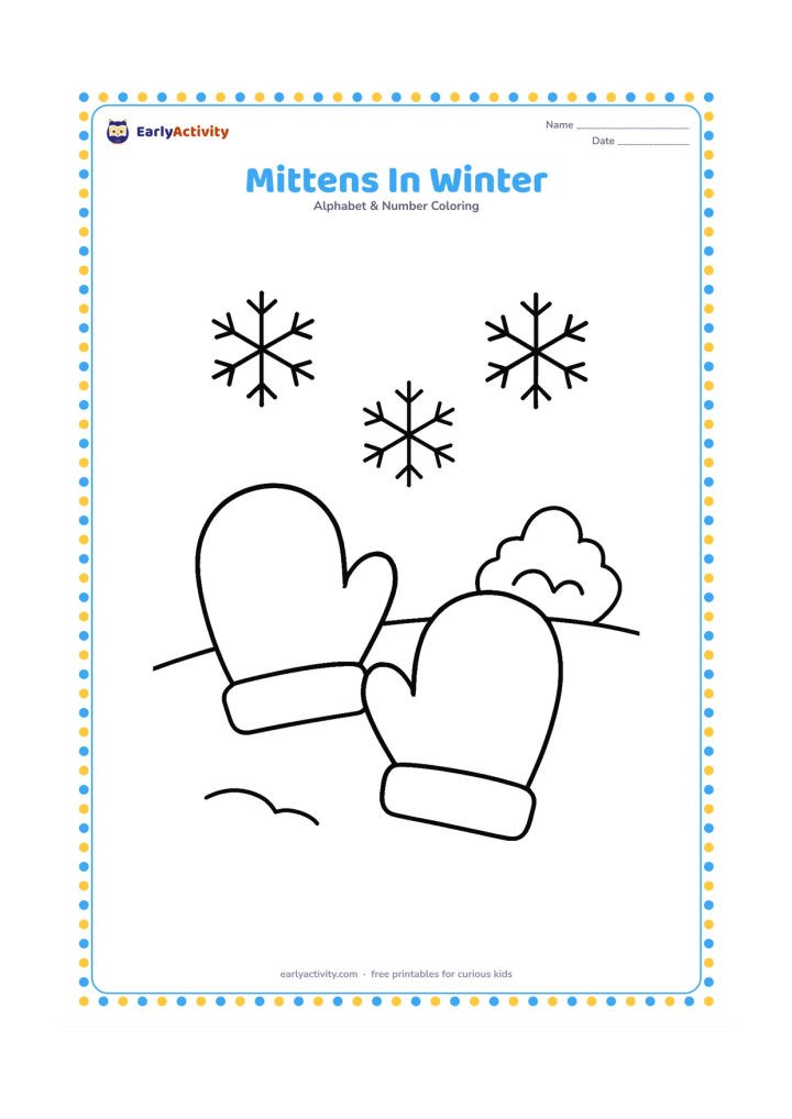 Colouring page: Draw two matching mittens lying on a snowy ground line, with simple cuffs and a few large snowflakes around them. Add one small snow-covered bush.
