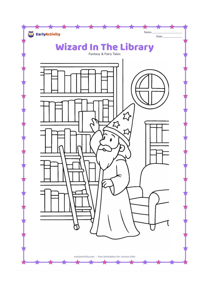 Colouring page: A wizard reaches for a blank spell book on a low shelf in a cosy library. Show several shelves of books with plain unmarked spines, a rolling ladder, a round window and a comfortable…