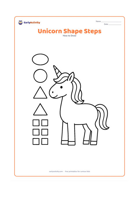 Worksheet: Show one medium-sized unicorn in profile built from clearly visible simple construction shapes: an oval body, circle head, curved neck, leg rectangles, ear triangles and a mane made of…