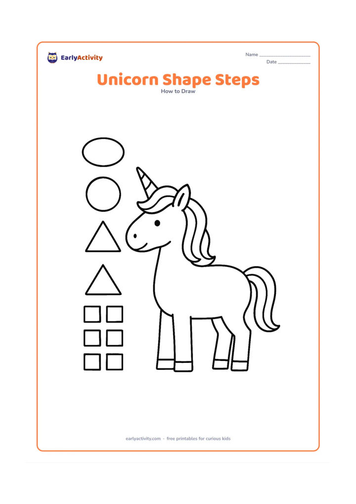 Worksheet: Show one medium-sized unicorn in profile built from clearly visible simple construction shapes: an oval body, circle head, curved neck, leg rectangles, ear triangles and a mane made of…