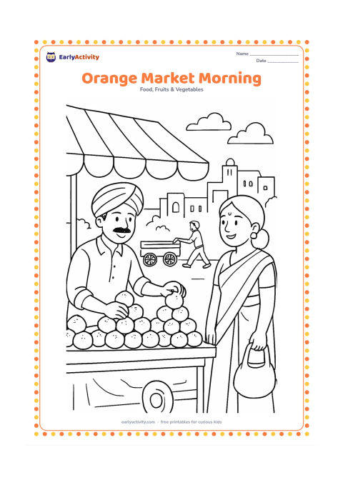 Colouring page: Draw a busy but friendly Indian market scene at morning, with a vendor arranging oranges in pyramids, a customer holding a cloth bag and a handcart in the background. Include an awning…