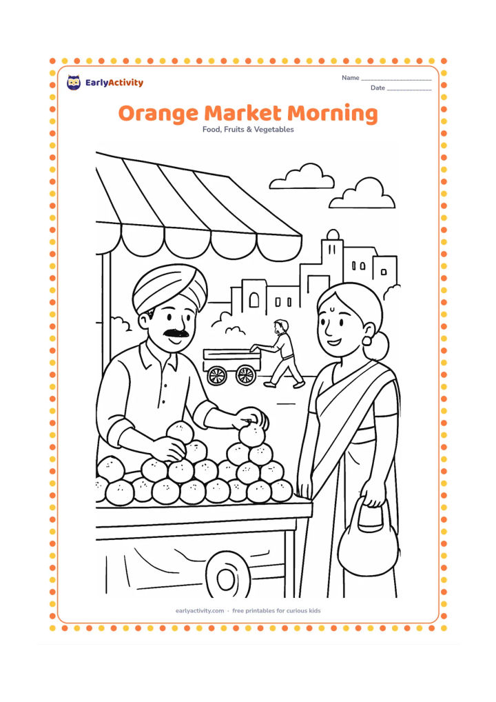 Colouring page: Draw a busy but friendly Indian market scene at morning, with a vendor arranging oranges in pyramids, a customer holding a cloth bag and a handcart in the background. Include an awning…