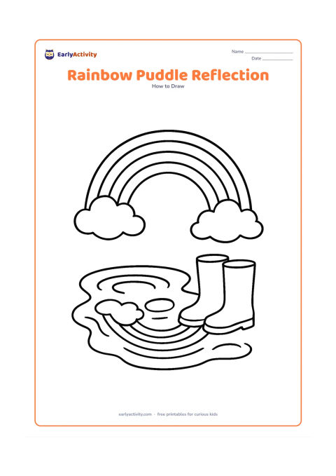 Worksheet: A rainbow stretches across the sky above a wide puddle, whose surface contains a simplified upside-down reflection of the rainbow and clouds. Add two gumboots beside the puddle and a few…
