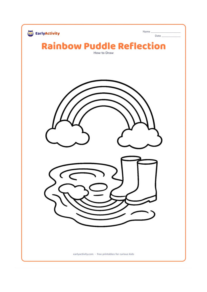 Worksheet: A rainbow stretches across the sky above a wide puddle, whose surface contains a simplified upside-down reflection of the rainbow and clouds. Add two gumboots beside the puddle and a few…