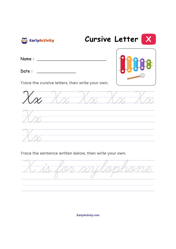Worksheet with cursive uppercase and lowercase X tracing lines, a xylophone picture, and space to copy a sentence.