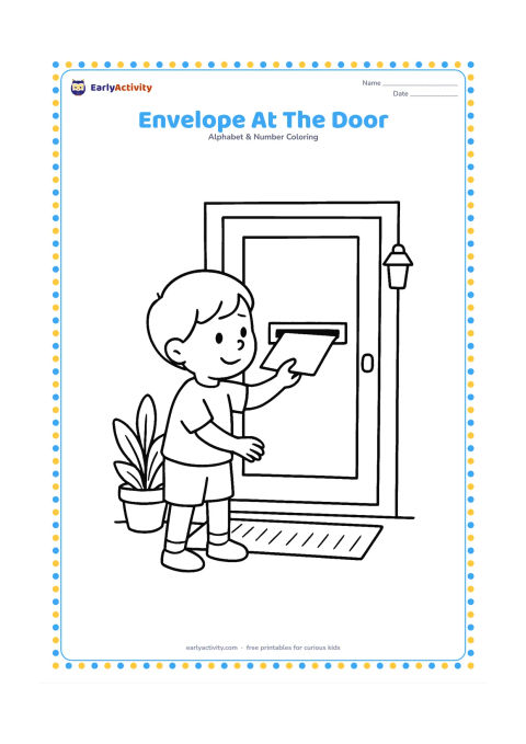 Colouring page: Draw a child placing a blank envelope through the slot of a home door. Include a doormat, a potted plant and a small porch light, with no writing on the door or envelope.