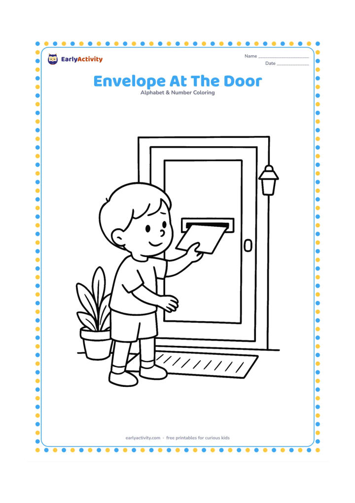 Colouring page: Draw a child placing a blank envelope through the slot of a home door. Include a doormat, a potted plant and a small porch light, with no writing on the door or envelope.