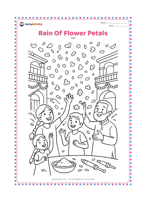Colouring page: Children and grandparents celebrate by tossing flower petals into the air in a decorated courtyard, with bowls of gulal and pichkaris resting safely on the ground. Include balconies,…
