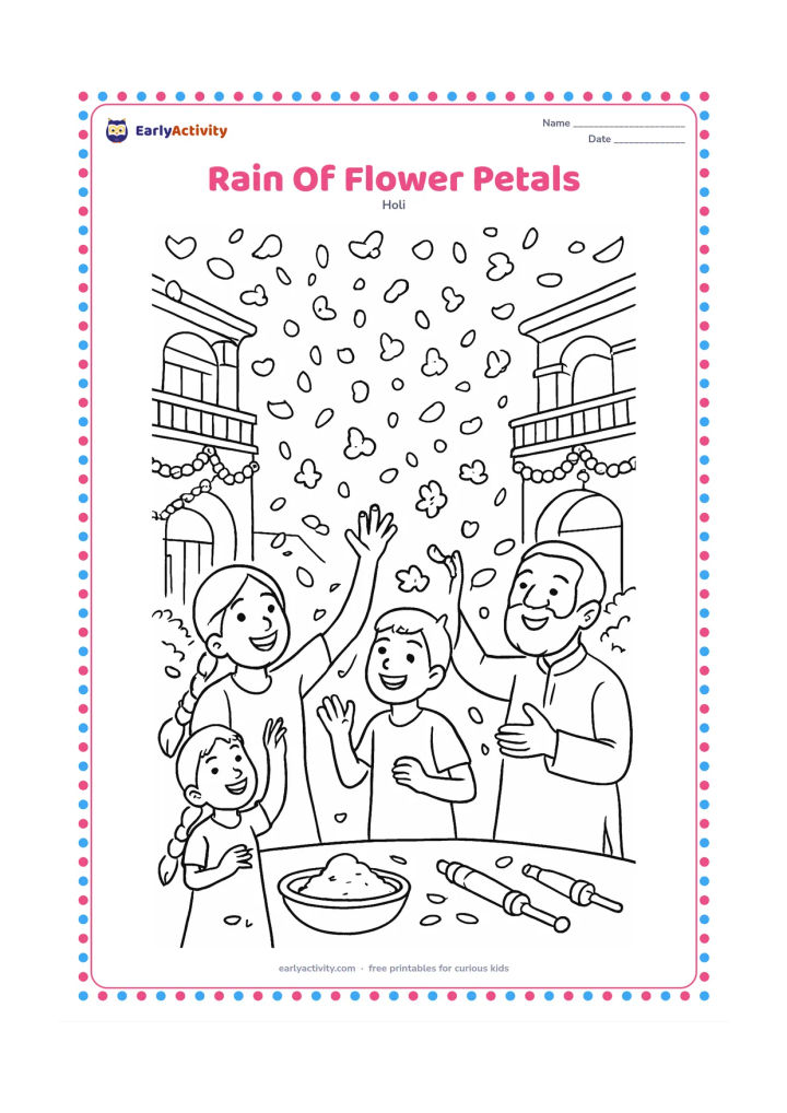 Colouring page: Children and grandparents celebrate by tossing flower petals into the air in a decorated courtyard, with bowls of gulal and pichkaris resting safely on the ground. Include balconies,…