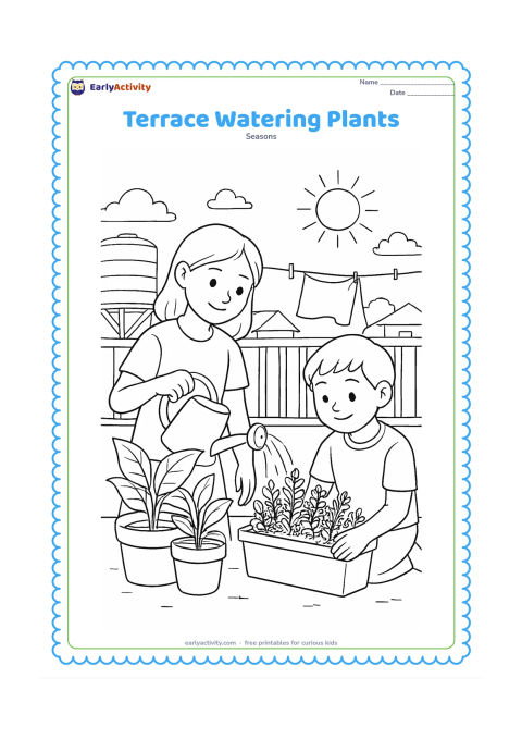 Colouring page: Two siblings care for plants on a sunny home terrace, one watering pots and the other checking a small herb garden, with a water tank, clothesline, railing and distant rooftops.