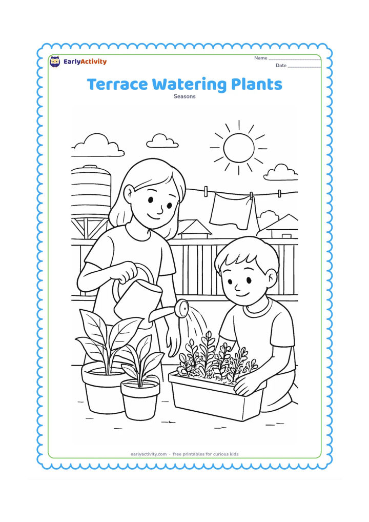 Colouring page: Two siblings care for plants on a sunny home terrace, one watering pots and the other checking a small herb garden, with a water tank, clothesline, railing and distant rooftops.