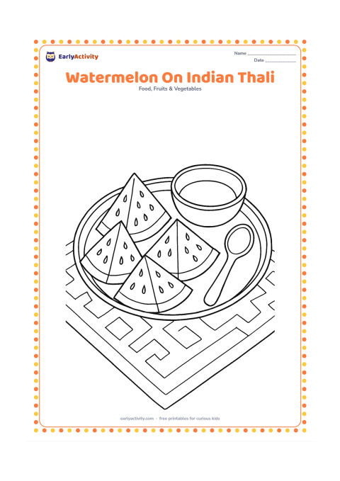 Colouring page: Draw several watermelon slices arranged on a round Indian thali beside a small bowl and spoon. Place the thali on a patterned cloth with a few broad border shapes and no symbols.