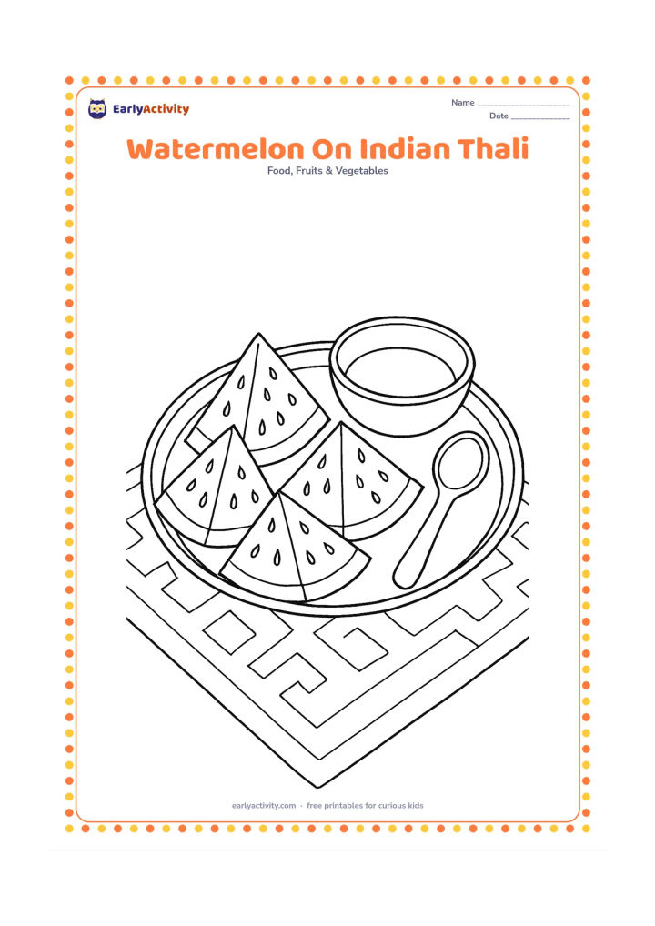 Colouring page: Draw several watermelon slices arranged on a round Indian thali beside a small bowl and spoon. Place the thali on a patterned cloth with a few broad border shapes and no symbols.