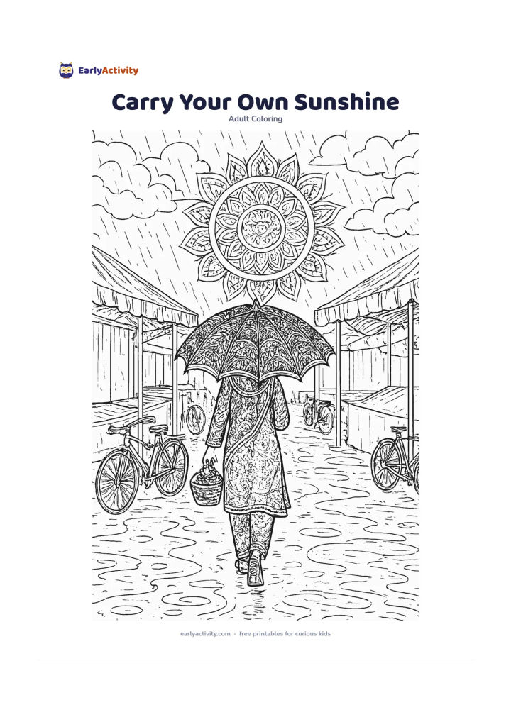 Colouring page: An adult walks through a rainy Indian market lane carrying a patterned umbrella and a small basket of marigolds, with covered stalls, puddles, bicycles and rain clouds around them. Add a…