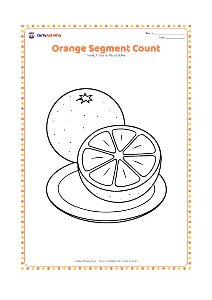 Colouring page: Draw a half orange opened into a fan of six broad segments on a plate, with a whole orange beside it. Do not include written numerals or counting marks.