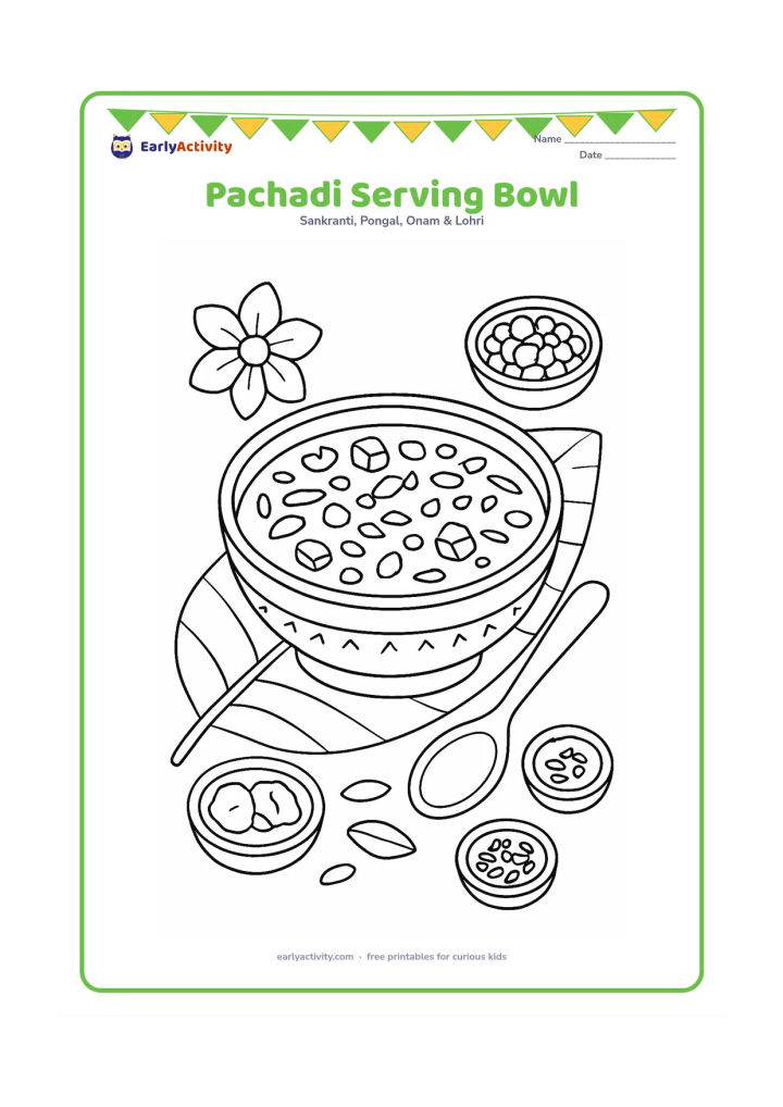 Colouring page: A decorated bowl of Ugadi pachadi sits on a banana leaf beside a spoon, small ingredient bowls and a flower.