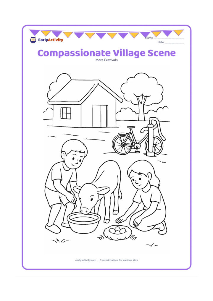 Colouring page: Draw a child helping a tired calf drink from a bowl beside a village home, while another child protects a small nest from foot traffic, with a bicycle, trees and a hand pump nearby.