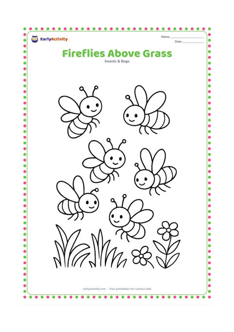 Colouring page: Draw a group of five fireflies drifting above a patch of grass, with each insect at a different height and angle. Add a few rounded leaves and small flowers along the ground.