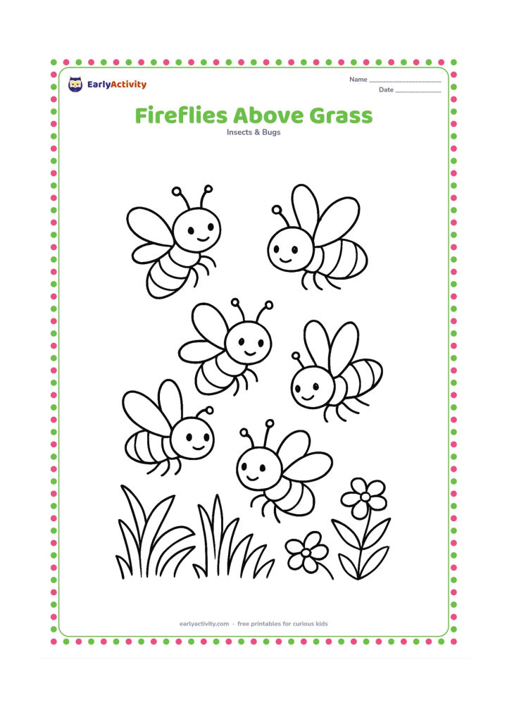 Colouring page: Draw a group of five fireflies drifting above a patch of grass, with each insect at a different height and angle. Add a few rounded leaves and small flowers along the ground.