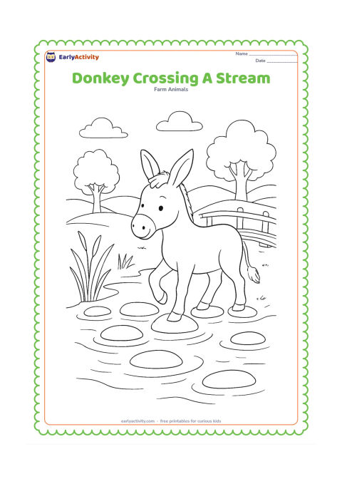 Colouring page: A careful donkey steps across flat stones in a shallow farm stream, with reeds, a small wooden footbridge, trees and rolling hills behind it. Show clear reflections as simple curved…