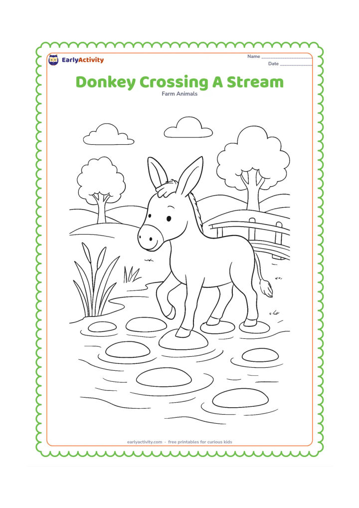 Colouring page: A careful donkey steps across flat stones in a shallow farm stream, with reeds, a small wooden footbridge, trees and rolling hills behind it. Show clear reflections as simple curved…