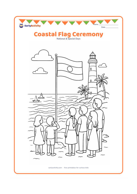 Colouring page: Draw children and adults gathered for a flag ceremony beside an Indian coastline, with a flagpole, a lighthouse, fishing boats, palm trees, rocks and waves. Show the flag moving in the…