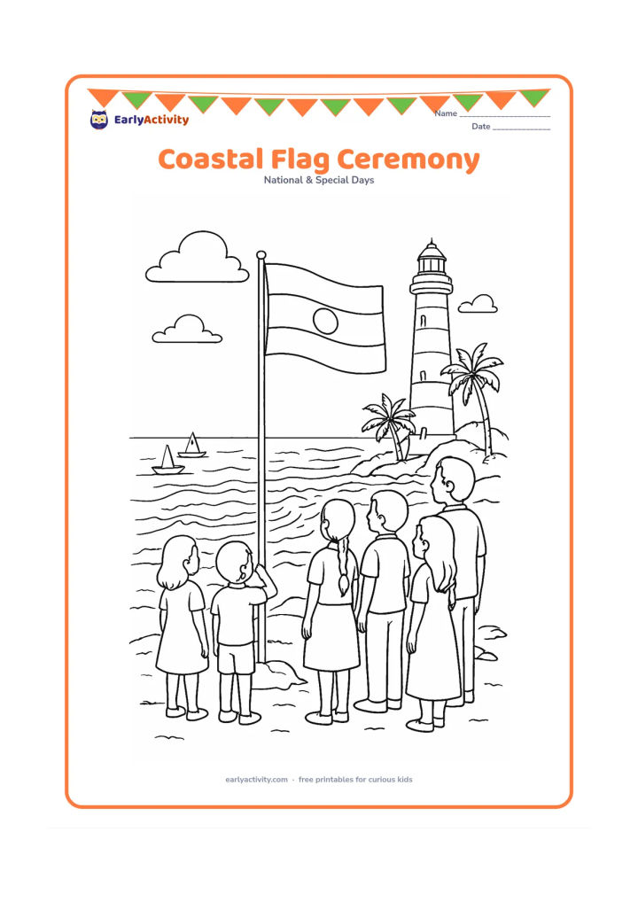 Colouring page: Draw children and adults gathered for a flag ceremony beside an Indian coastline, with a flagpole, a lighthouse, fishing boats, palm trees, rocks and waves. Show the flag moving in the…